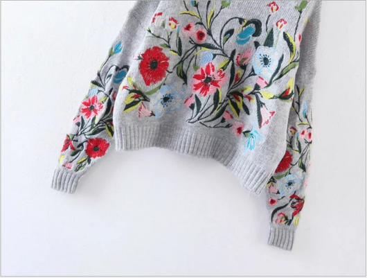 Suéter Tejido con Bordado Floral para Mujer - Cuello Redondo Oversize - Image 4