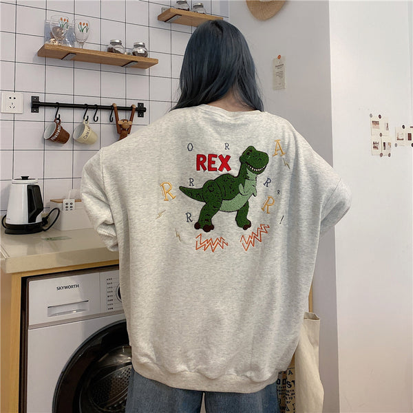 Suéter Holgado con Bordado de Dinosaurio para Mujer - Talla Grande