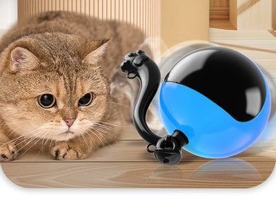 Blue and black rotating cat teasing ball with light, sound, and feather toy, controlled by a remote. - Image 8