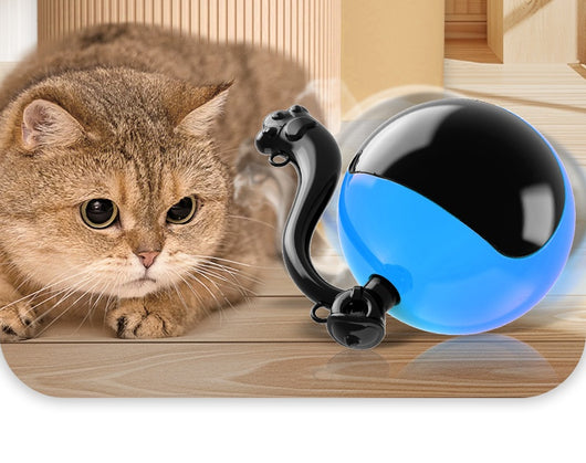 Blue and black rotating cat teasing ball with light, sound, and feather toy, controlled by a remote. - Image 8