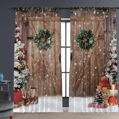 Digital printed Christmas curtains with a festive garland design, red ornaments, bows, and berries, on a white background. - Image 3