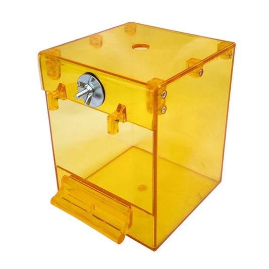 Transparent yellow square bird bath with a front perch and metal attachment for external cage mounting. - Image 2