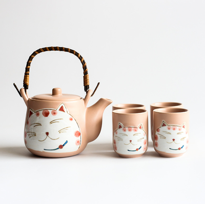 Juego de Té de Cerámica Gato de la Suerte Pintado a Mano - Tetera y 4 Tazas Negro - Image 11
