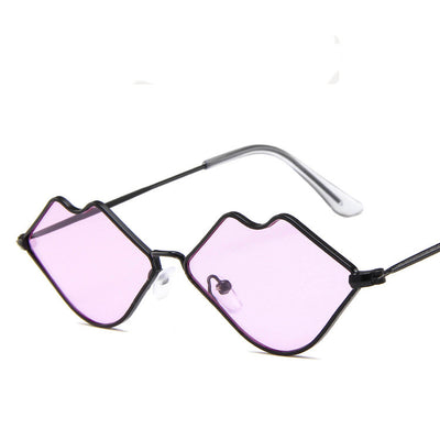 Retro red lips sunglasses with gold metal frames and brown gradient lenses on a white background. - Image 5