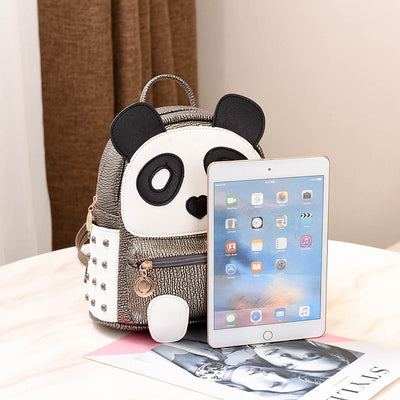 Metallic gold and white cartoon panda backpack with black ears and eye patches, a heart nose, and studded side panels. - Image 10