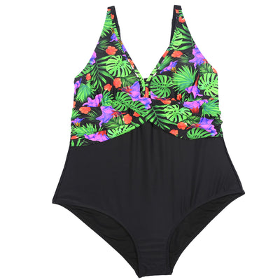 Plus size one-piece swimsuit with a red tropical leaf print top and solid dark red bottom, featuring a crossover chest. - Image 3