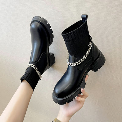 Botas Cortas Retro con Cadena Martin de Punto Elástico Doble Uso - Image 4