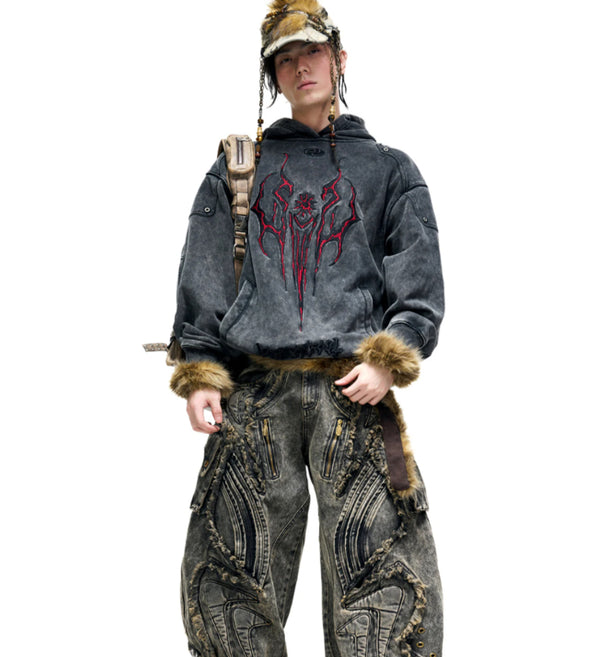 Sudadera Tribal 3D Bordada Gris Pesada con Detalles Desgastados
