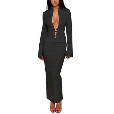 Conjunto Hot Girl: Blusa Anudada Manga Larga + Falda Cintura Alta con Abertura - Image 5
