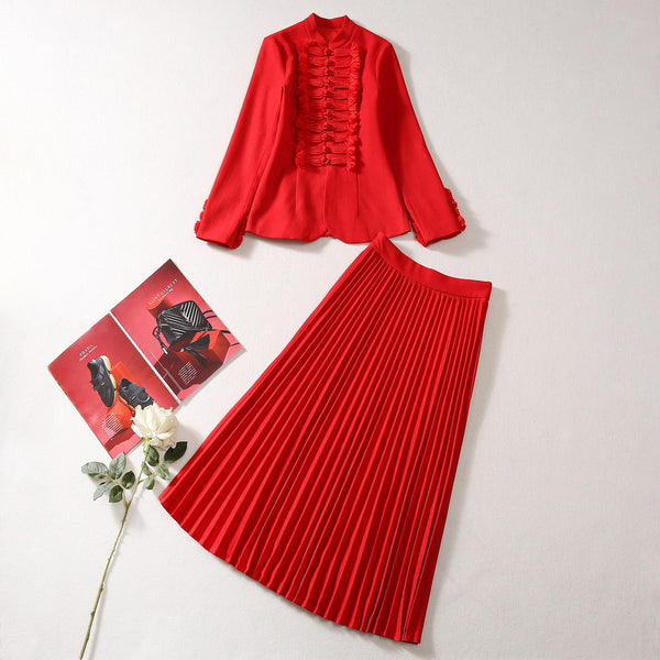 Traje Elegante con Falda Plisada y Saco de Cuello Mao con Botones Chinos