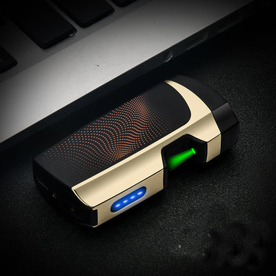 Blue and silver multi-function electric lighter with a visible green plasma arc and four blue battery indicator lights. - Image 5