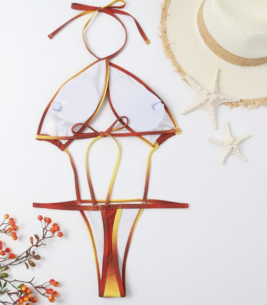 Brown and yellow ombre halter bikini with a split top and thong bottom, displayed on a white background. - Image 7