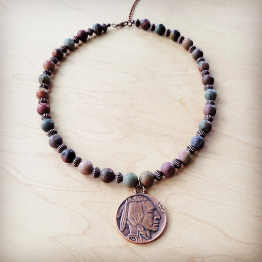 **Genuine Picasso Jasper Collar Necklace w/ Indian Head Pendant 261h