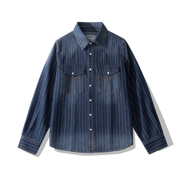 Camisa Denim a Rayas con Efecto Vintage Desgastado