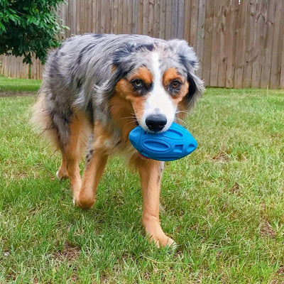 Green rubber rugby-shaped dog toy with textured surface and cut-outs, designed for chewing and play. - Image 8