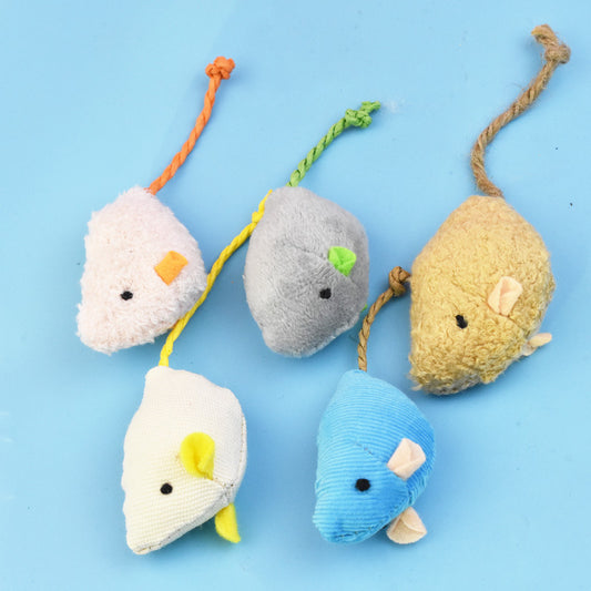 Blue plush mouse cat toy with a corduroy texture, beige ears, black eyes, and a braided rope tail.