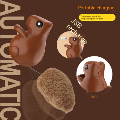 Smart cat teaser toy shaped like a brown squirrel with a plush tail, featuring USB charging and automatic movement, shown on its product box. - Image 3