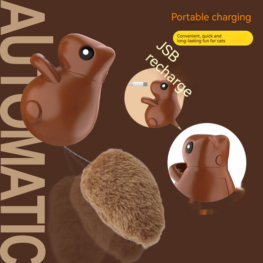 Smart cat teaser toy shaped like a brown squirrel with a plush tail, featuring USB charging and automatic movement, shown on its product box. - Image 3