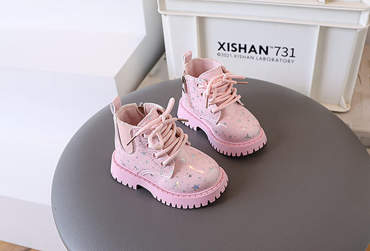 White toddler girls' boots with a holographic star pattern, lace-up front, and side zipper closure. - Image 30