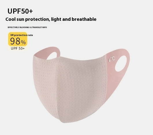 Light pink ice silk sun protection mask with ear loops and neck coverage, featuring small ventilation holes. - Image 57