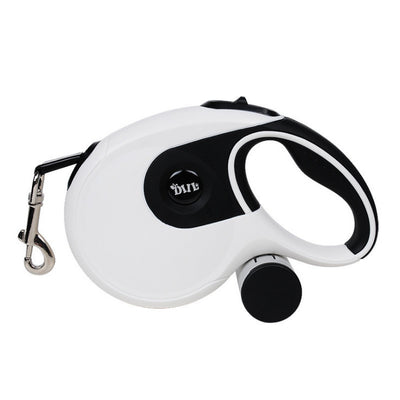 Blue and grey retractable dog leash with a black waste bag dispenser and a silver metal clip. - Image 16