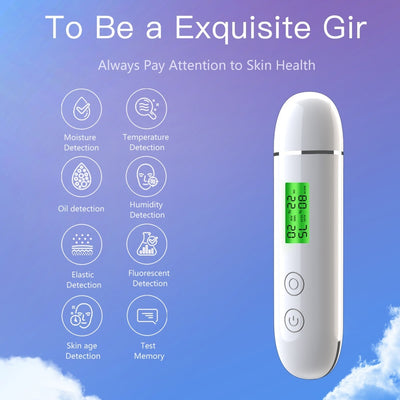 White rechargeable smart facial skin tester with green digital display, USB-C charging cable, and user manual. - Image 3