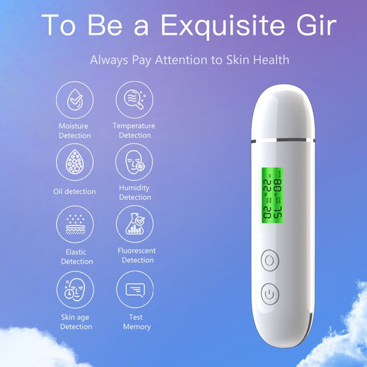 White rechargeable smart facial skin tester with green digital display, USB-C charging cable, and user manual. - Image 3