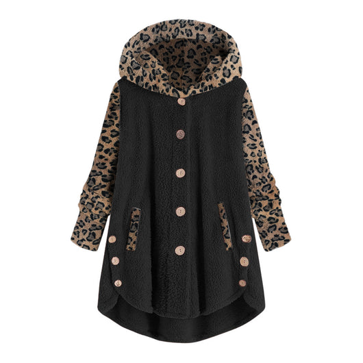 Abrigo Largo con Capucha y Empalme de Leopardo en Felpa para Mujer - Image 3