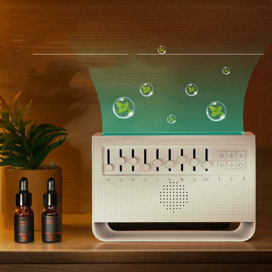 White noise simulation flame aromatherapy machine with multiple sound sliders, control buttons, and a perforated speaker grille. - Image 12