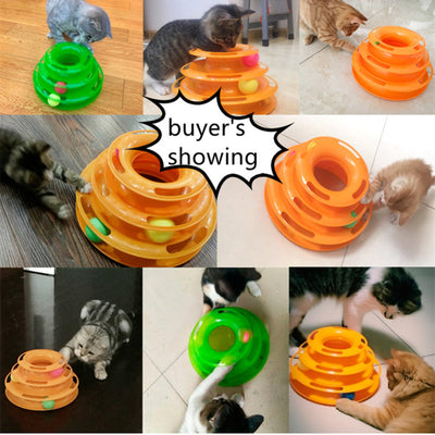 Pink four-layer cat turntable toy with colorful balls on each track, measuring 16cm high and 29cm wide. - Image 14