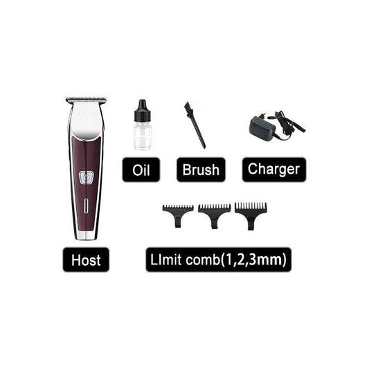 Silver and red barber carving scissors kit with oil, cleaning brush, charger, and 1mm, 2mm, 3mm limit combs. - Image 2