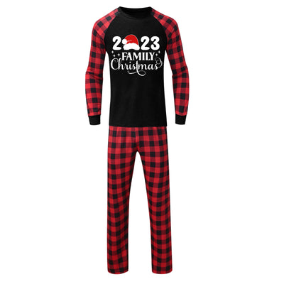 Red and black buffalo plaid Christmas pajama set with a long-sleeve top and matching pants. Top reads "2023 FAMILY Christmas". - Image 5