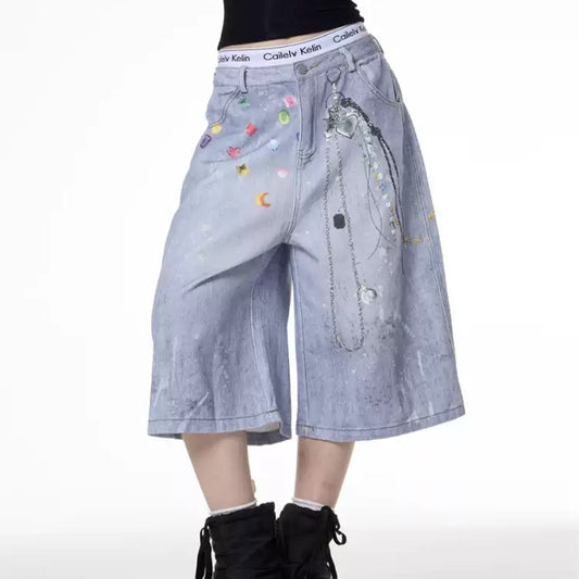 Shorts Denim Retro con Cadena Estampada para Mujer - Image 2