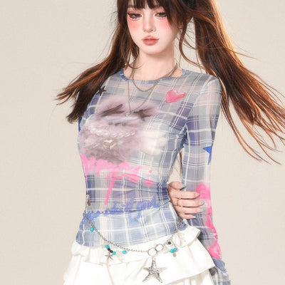 Camiseta de Manga Larga a Cuadros con Efecto Transparente