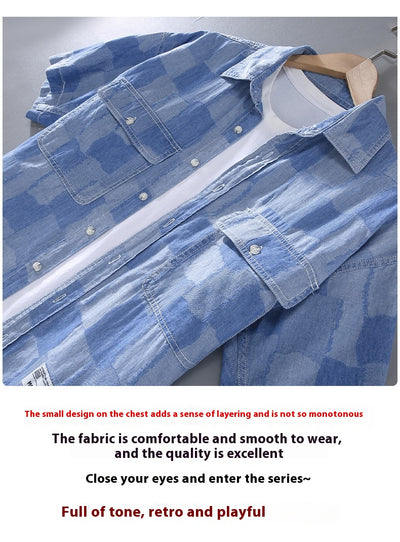 Camisa Denim Estampada de Manga Corta Cuadros Verano Hombre - Image 9