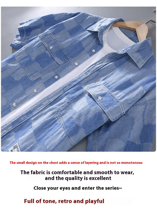 Camisa Denim Estampada de Manga Corta Cuadros Verano Hombre - Image 9