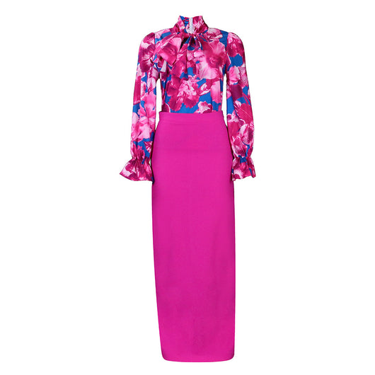 Conjunto de Falda Larga y Blusa de Manga Larga con Estampado y Cordones - Image 7