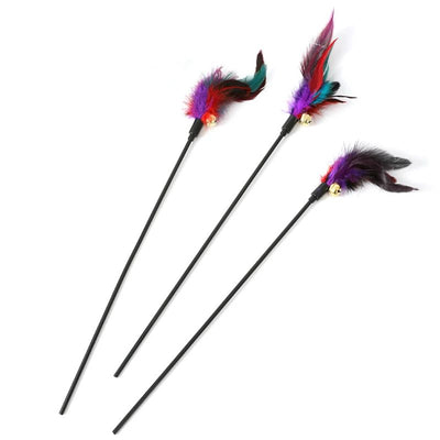 Three cat teaser wands with black sticks, colorful feathers in purple, red, and teal, and small gold bells. - Image 3