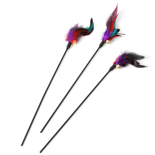 Three cat teaser wands with black sticks, colorful feathers in purple, red, and teal, and small gold bells. - Image 3