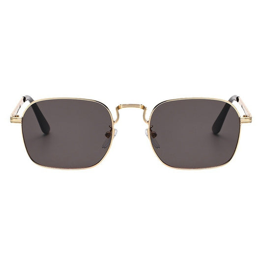 Gold frame square-oval sunglasses with gradient black and grey lenses and black temple tips on a white background. - Image 2