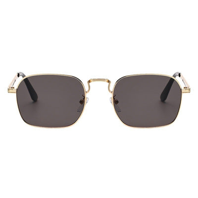Gold frame square-oval sunglasses with gradient black and grey lenses and black temple tips on a white background. - Image 2