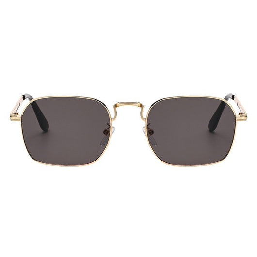 Gold frame square-oval sunglasses with gradient black and grey lenses and black temple tips on a white background. - Image 2