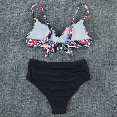 Olive green floral print bikini top with tie-front and solid high-waisted ruched bottoms on a grey background. - Image 18