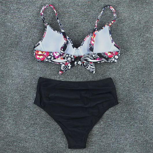 Olive green floral print bikini top with tie-front and solid high-waisted ruched bottoms on a grey background. - Image 18