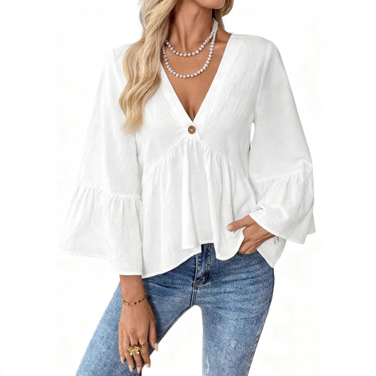 Blusa Cuello V con Mangas Volantes en Colores Sólidos - Image 5