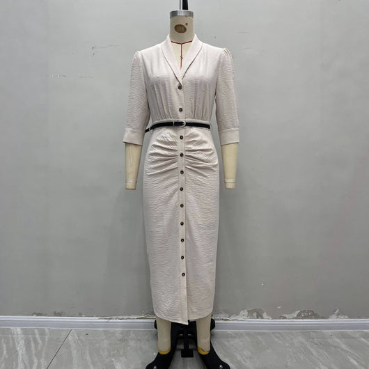 Vestido Camisero Plisado con Cinturón - Manga Corta - Image 3