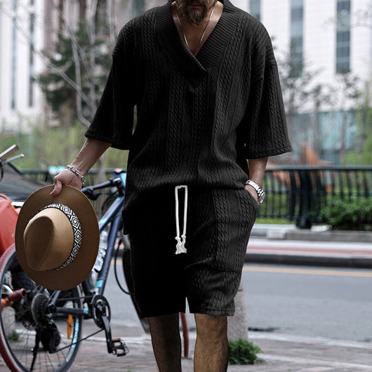 Conjunto de 2 Piezas Hombre: Playera Jacquard Cuello V Manga Corta + Shorts con Bolsillos - Image 11