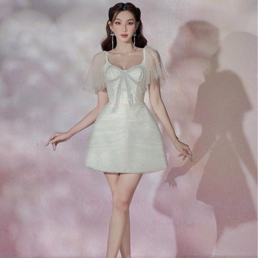 Vestido Elegante con Moño y Strass Cintura Alta Efecto Reductor