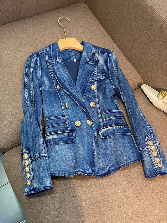 Chaqueta de Mezclilla Clásica Doble Botonadura para Mujer