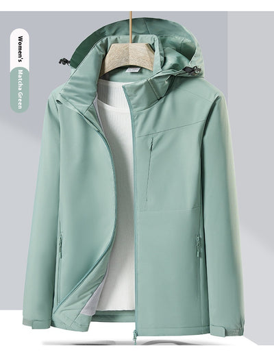 Lavender windproof sports jacket with a hood, full zipper, and fleece lining, shown on a hanger. - Image 36